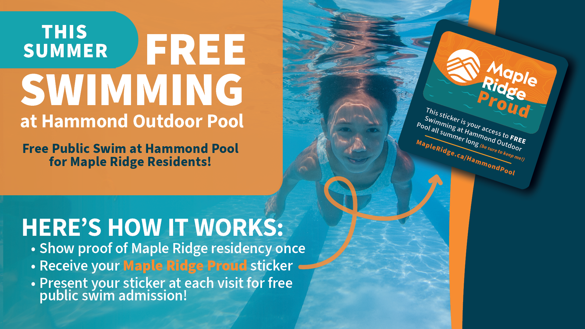 This summer, free swimming at Hammond Outdoor Pool. Free public swim at Hammond Pool for Maple Ridge Residents. Here's how it works, show proof of Maple Ridge residency once, receive your Maple Ridge Proud sticker, present your sticker at each visit for free public swim admission!