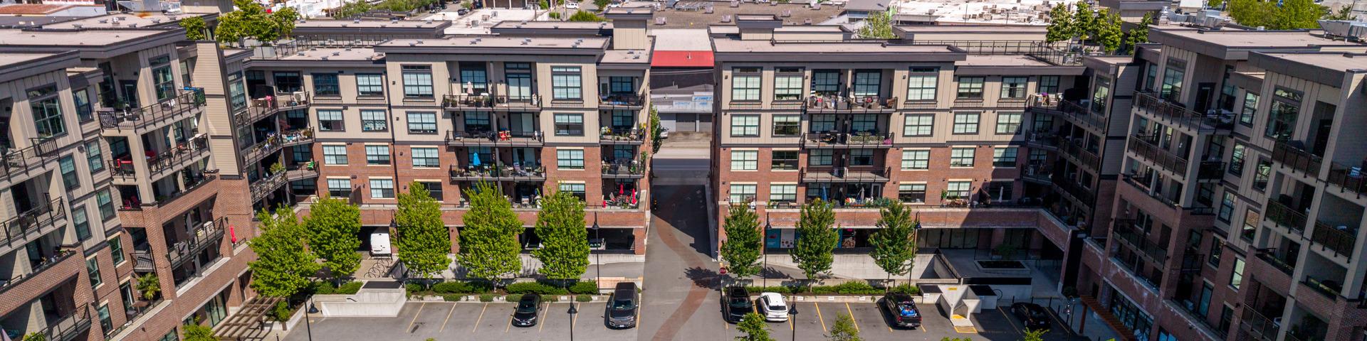 An aerial view of the courtyard of the Brickwater development.